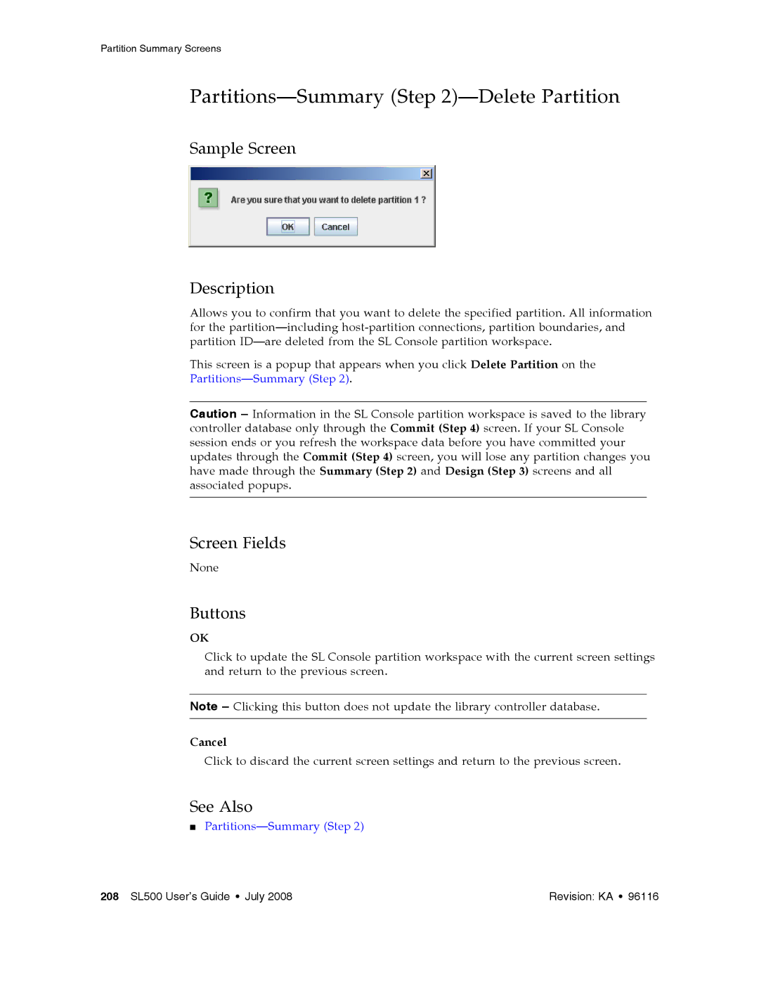 Sun Microsystems SL500 manual Partitions-Summary -Delete Partition 