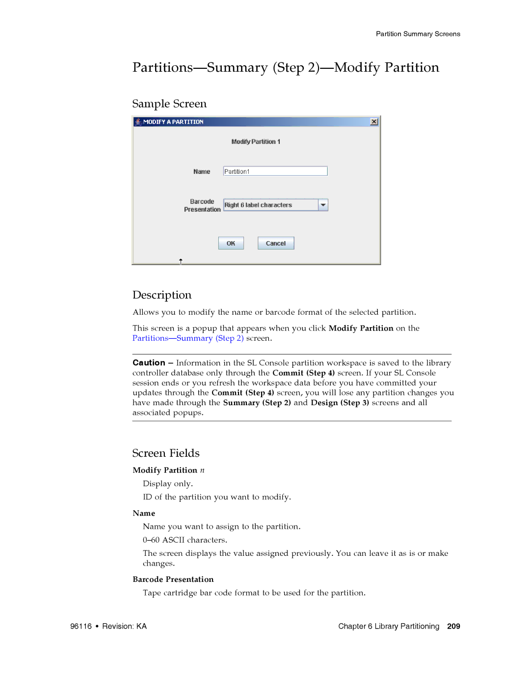 Sun Microsystems SL500 manual Partitions-Summary -Modify Partition, Modify Partition n 