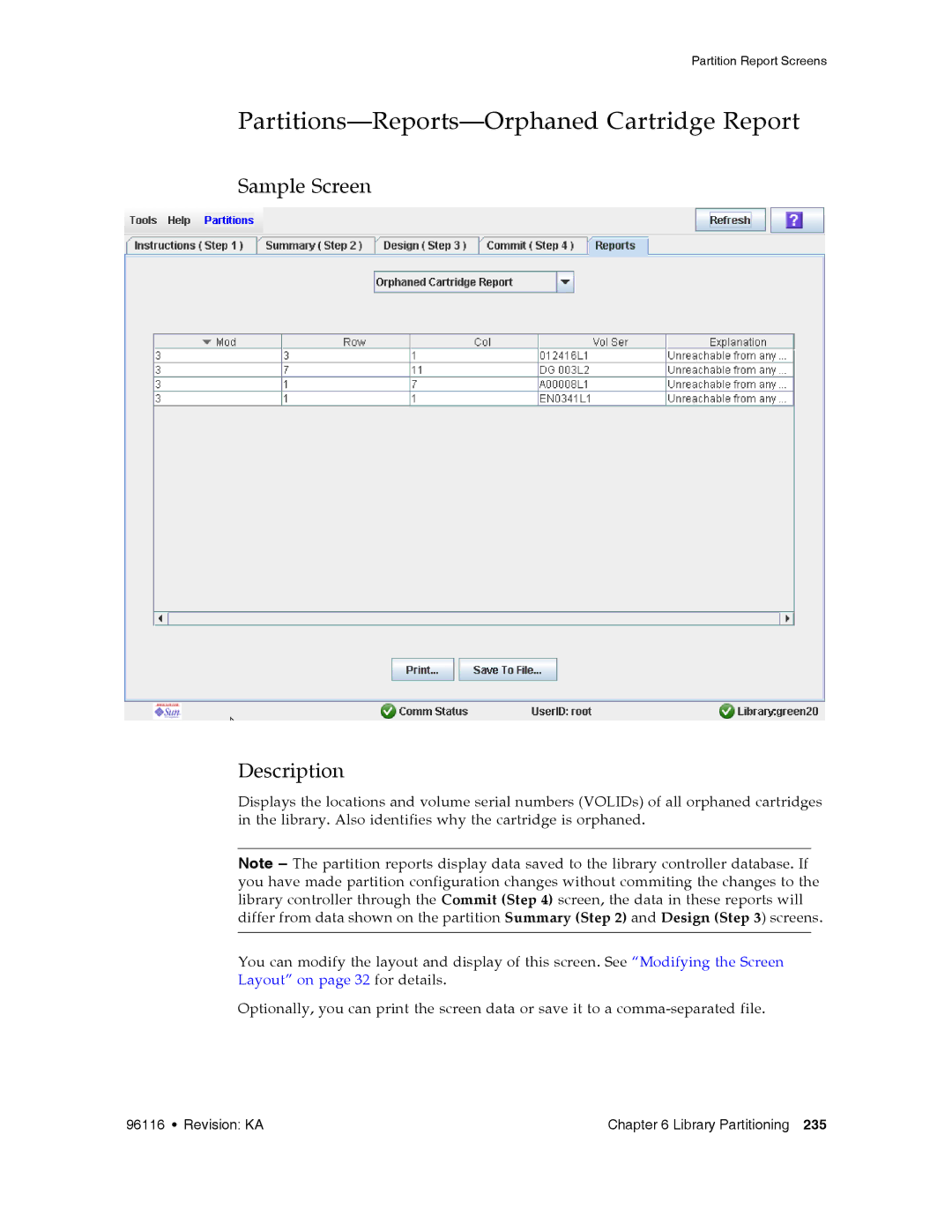 Sun Microsystems SL500 manual Partitions-Reports-Orphaned Cartridge Report 