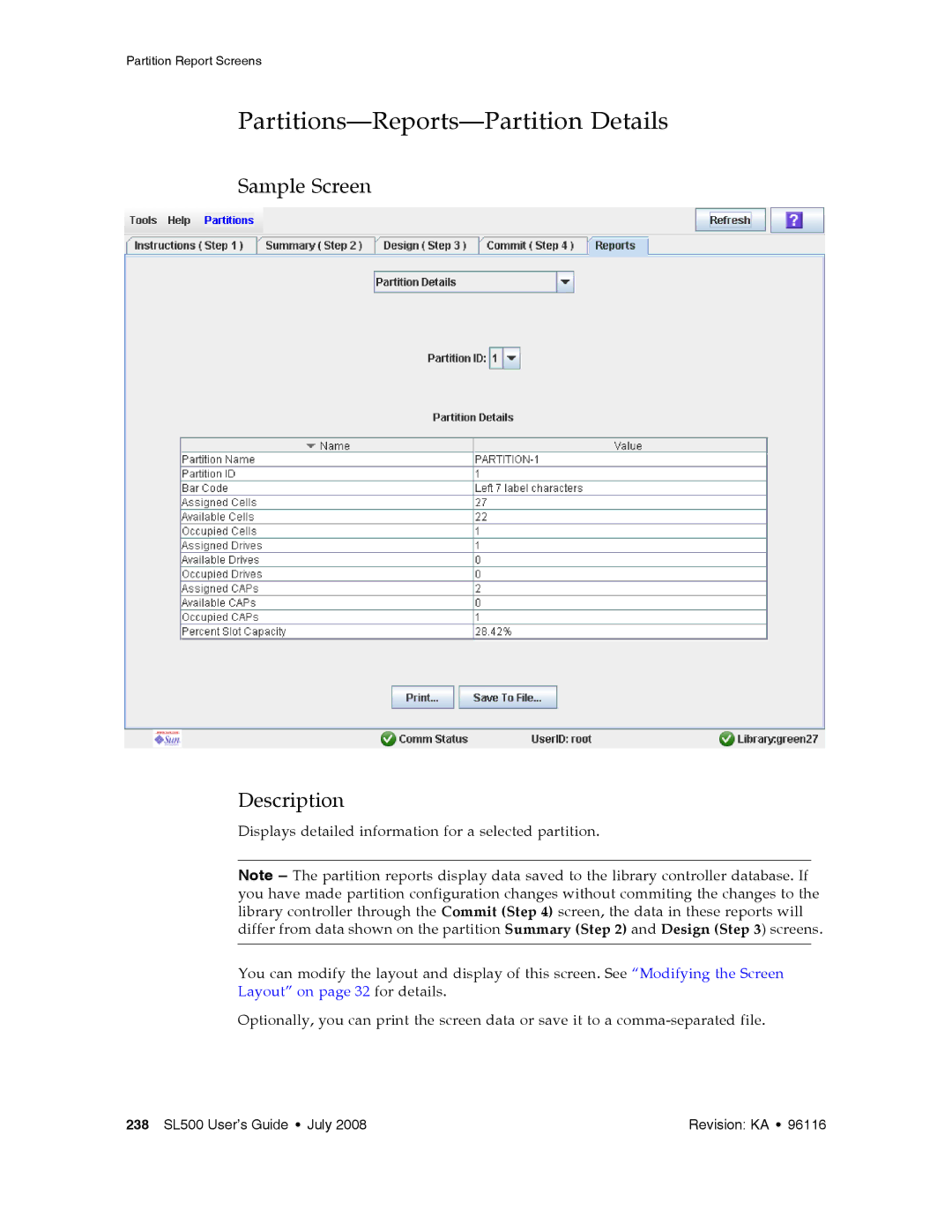 Sun Microsystems SL500 manual Partitions-Reports-Partition Details 