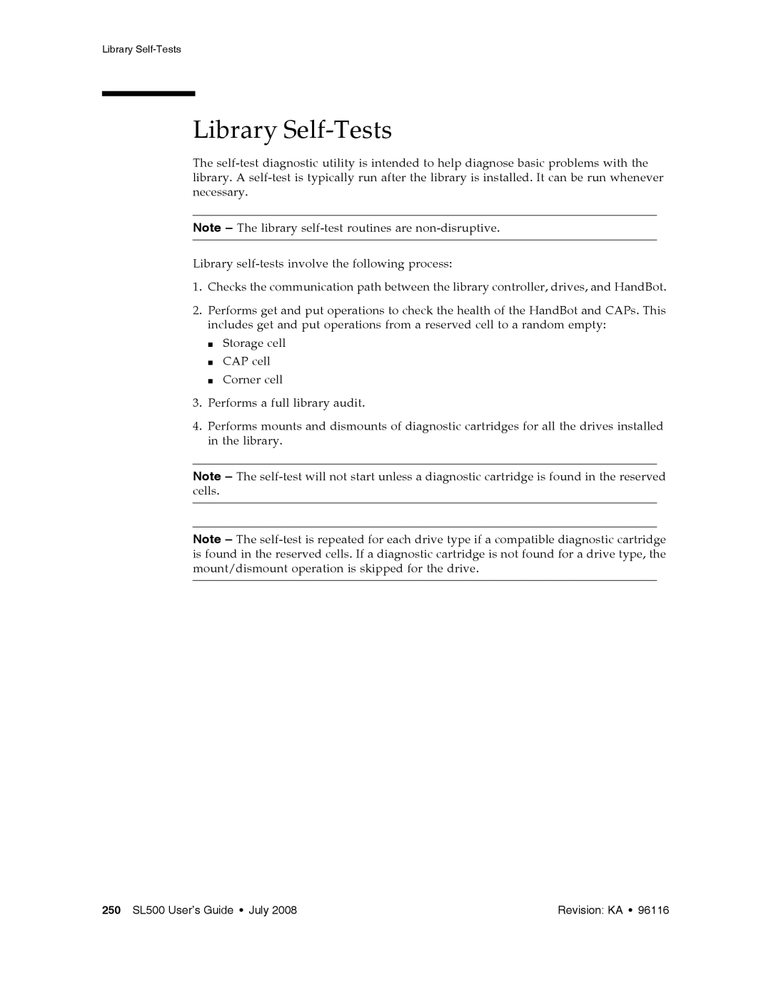 Sun Microsystems SL500 manual Library Self-Tests 