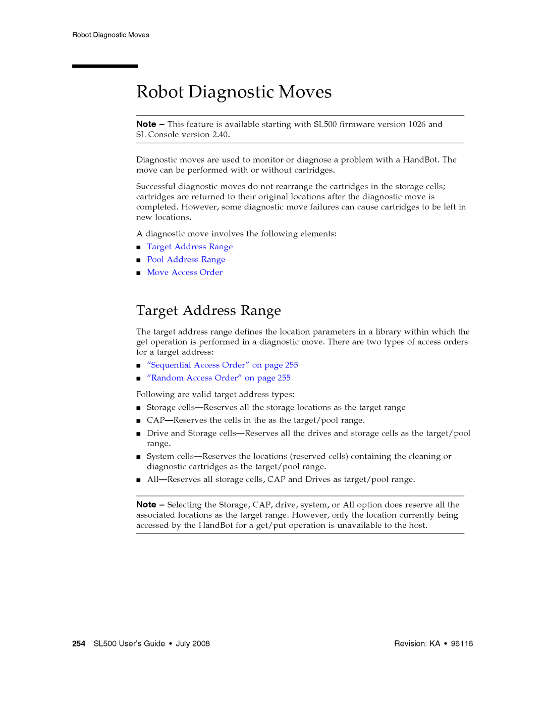 Sun Microsystems SL500 manual Robot Diagnostic Moves, Target Address Range 