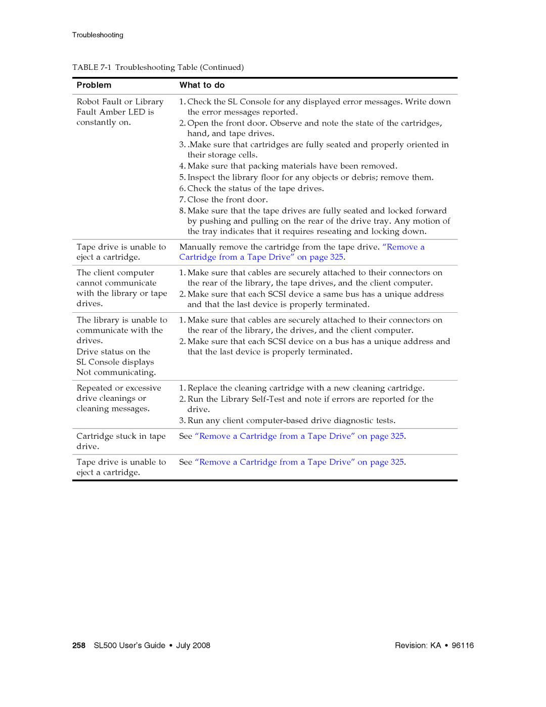 Sun Microsystems SL500 manual See Remove a Cartridge from a Tape Drive on 