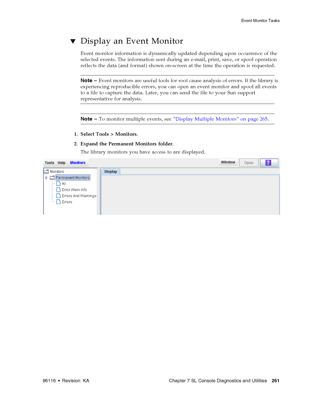 Sun Microsystems SL500 manual Display an Event Monitor, Select Tools Monitors Expand the Permanent Monitors folder 