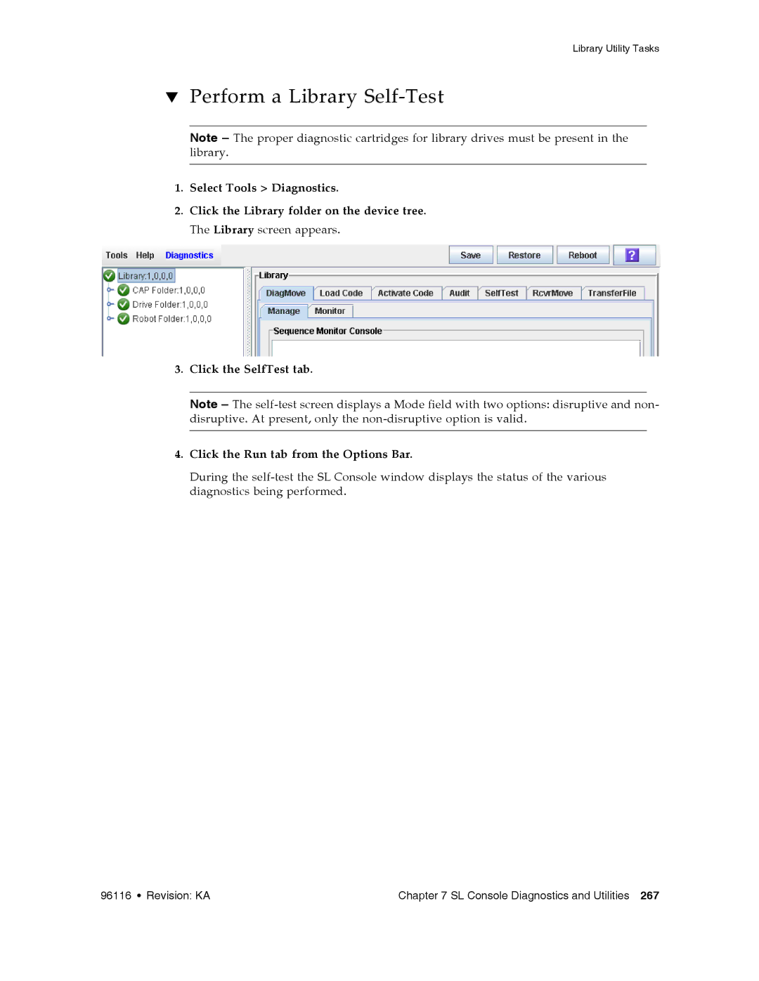 Sun Microsystems SL500 manual Perform a Library Self-Test 