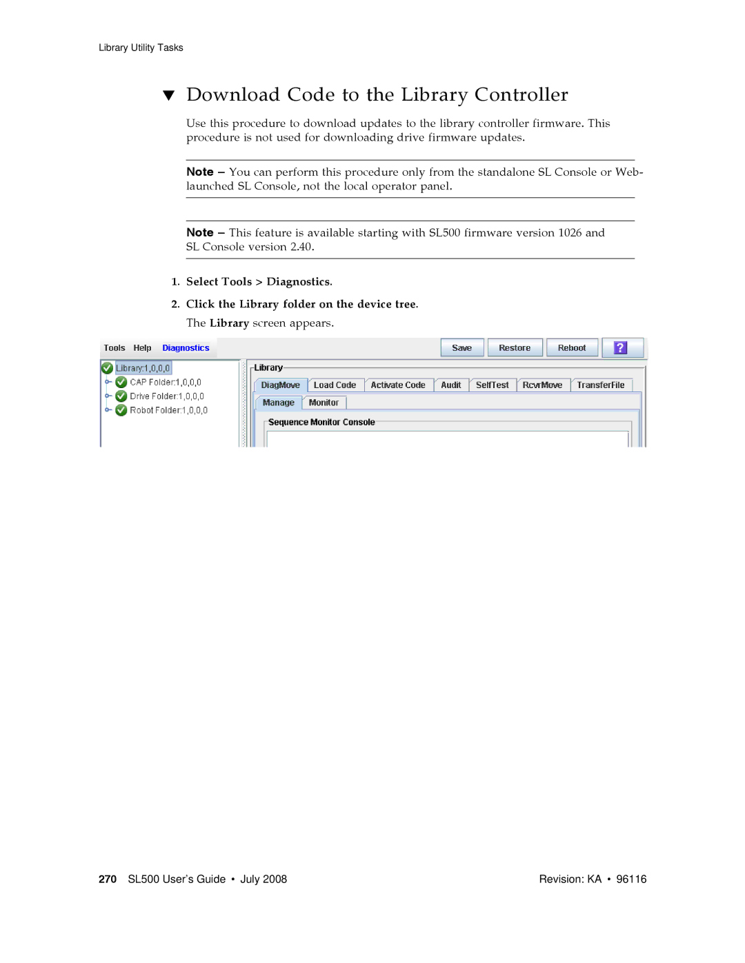 Sun Microsystems SL500 manual Download Code to the Library Controller 