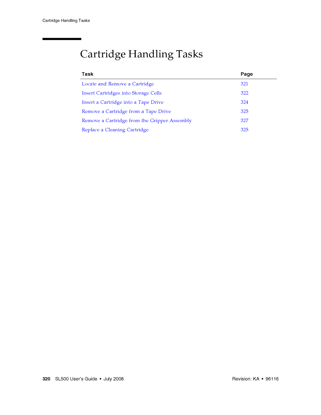 Sun Microsystems SL500 manual Cartridge Handling Tasks 