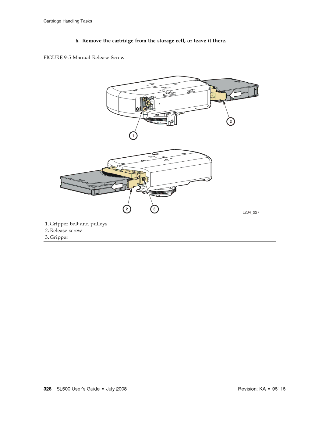 Sun Microsystems SL500 manual Manual Release Screw Gripper belt and pulleys Release screw 