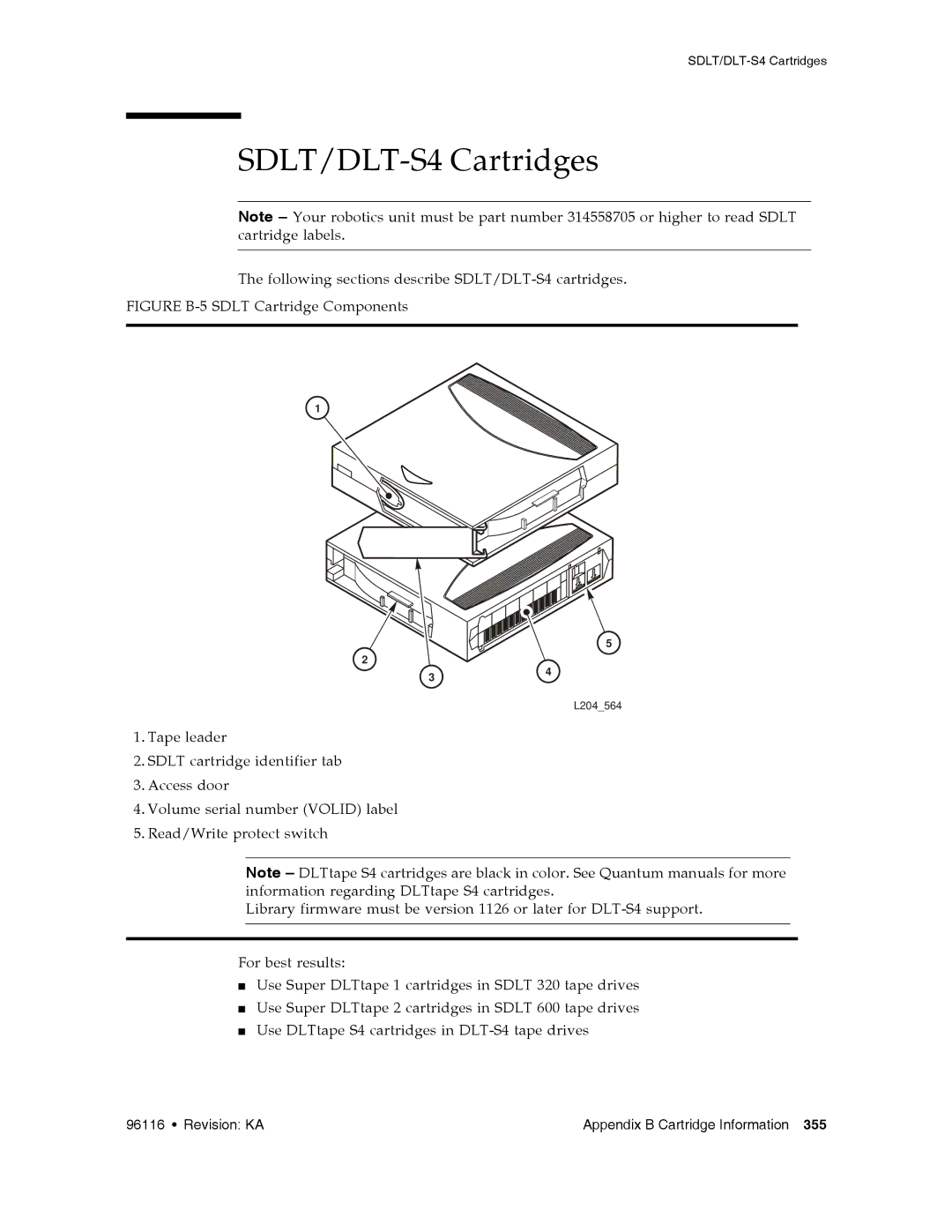 Sun Microsystems SL500 manual SDLT/DLT-S4 Cartridges, Figure B-5 Sdlt Cartridge Components 