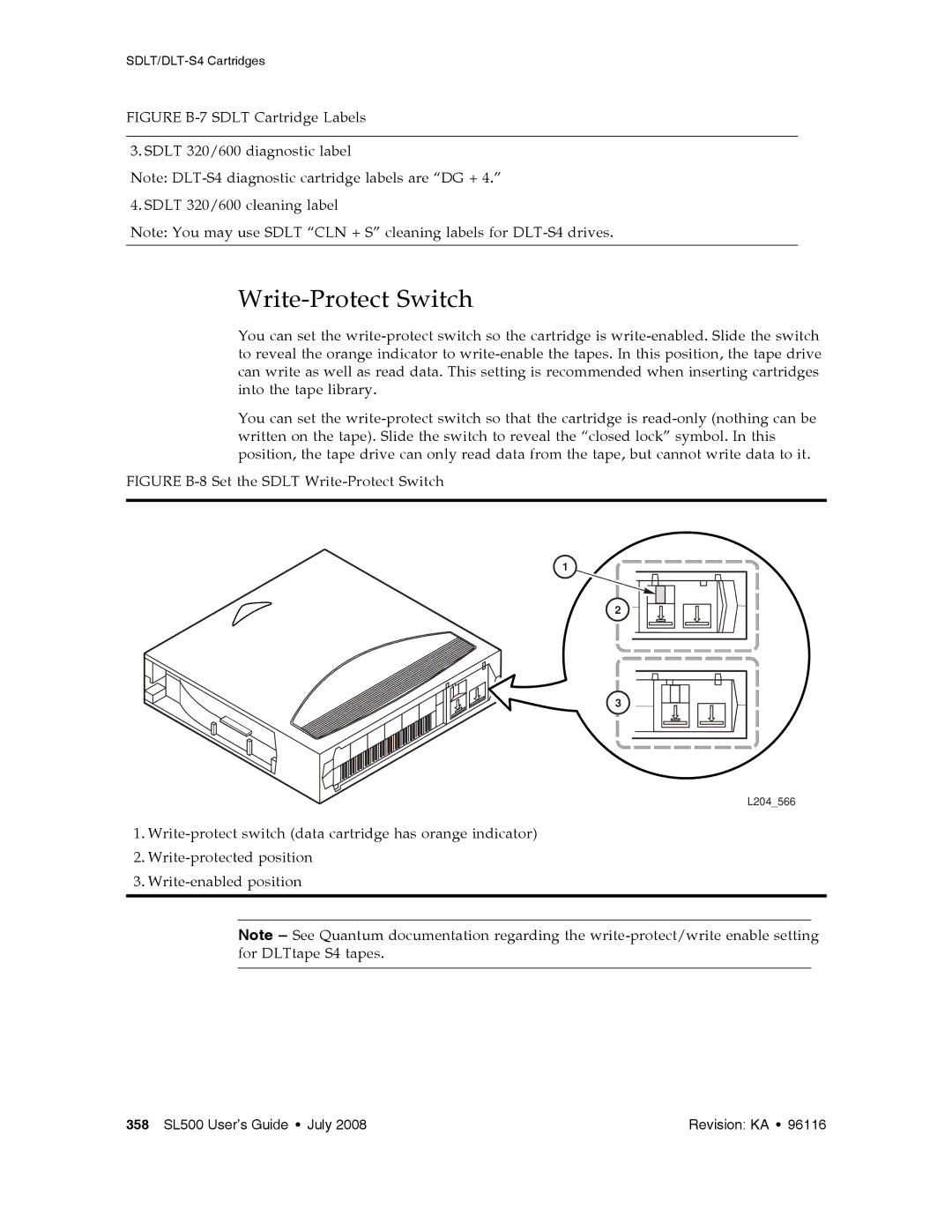 Sun Microsystems SL500 manual Figure B-8 Set the Sdlt Write-Protect Switch 