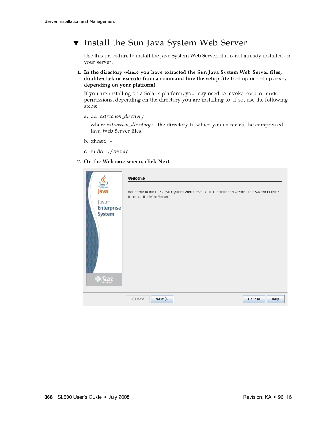 Sun Microsystems SL500 manual Install the Sun Java System Web Server, On the Welcome screen, click Next 