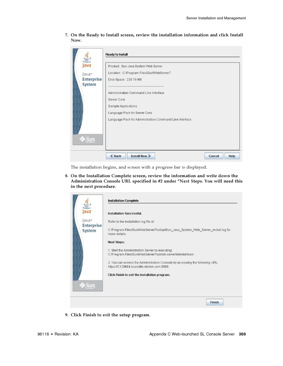 Sun Microsystems SL500 manual Revision KA Appendix C Web-launched SL Console Server 