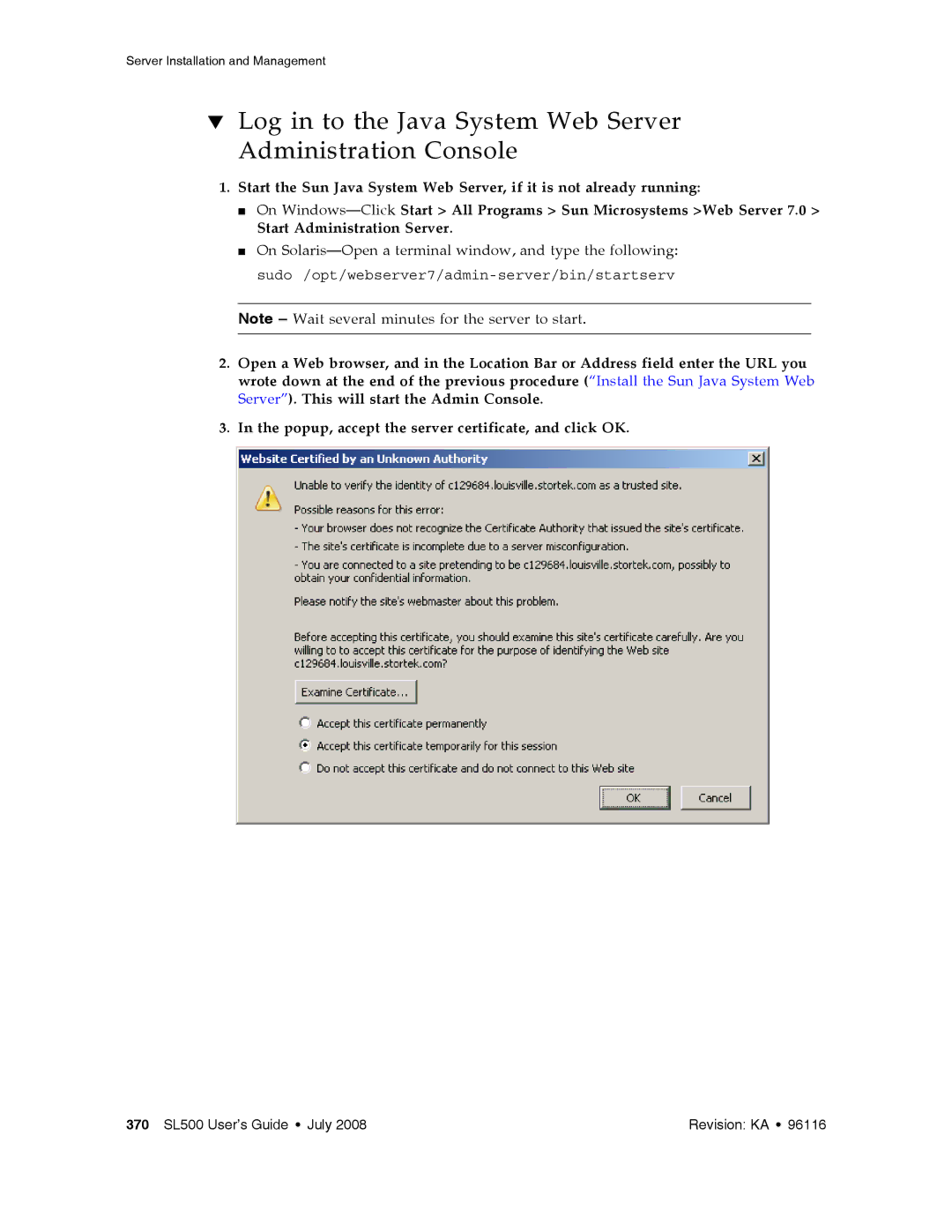 Sun Microsystems SL500 manual Log in to the Java System Web Server Administration Console 