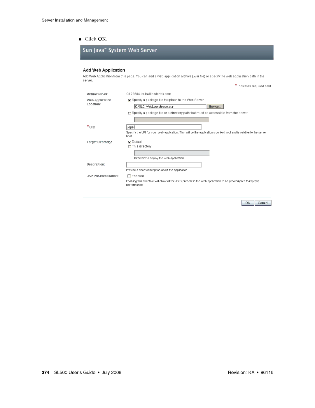 Sun Microsystems SL500 manual Click OK 