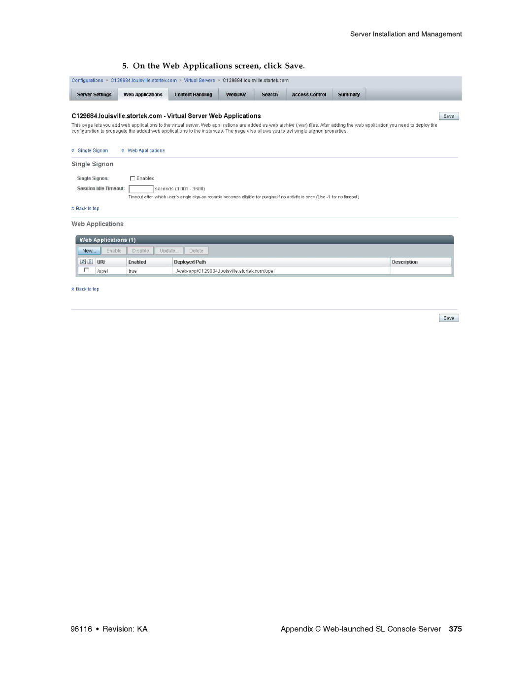 Sun Microsystems SL500 manual On the Web Applications screen, click Save 