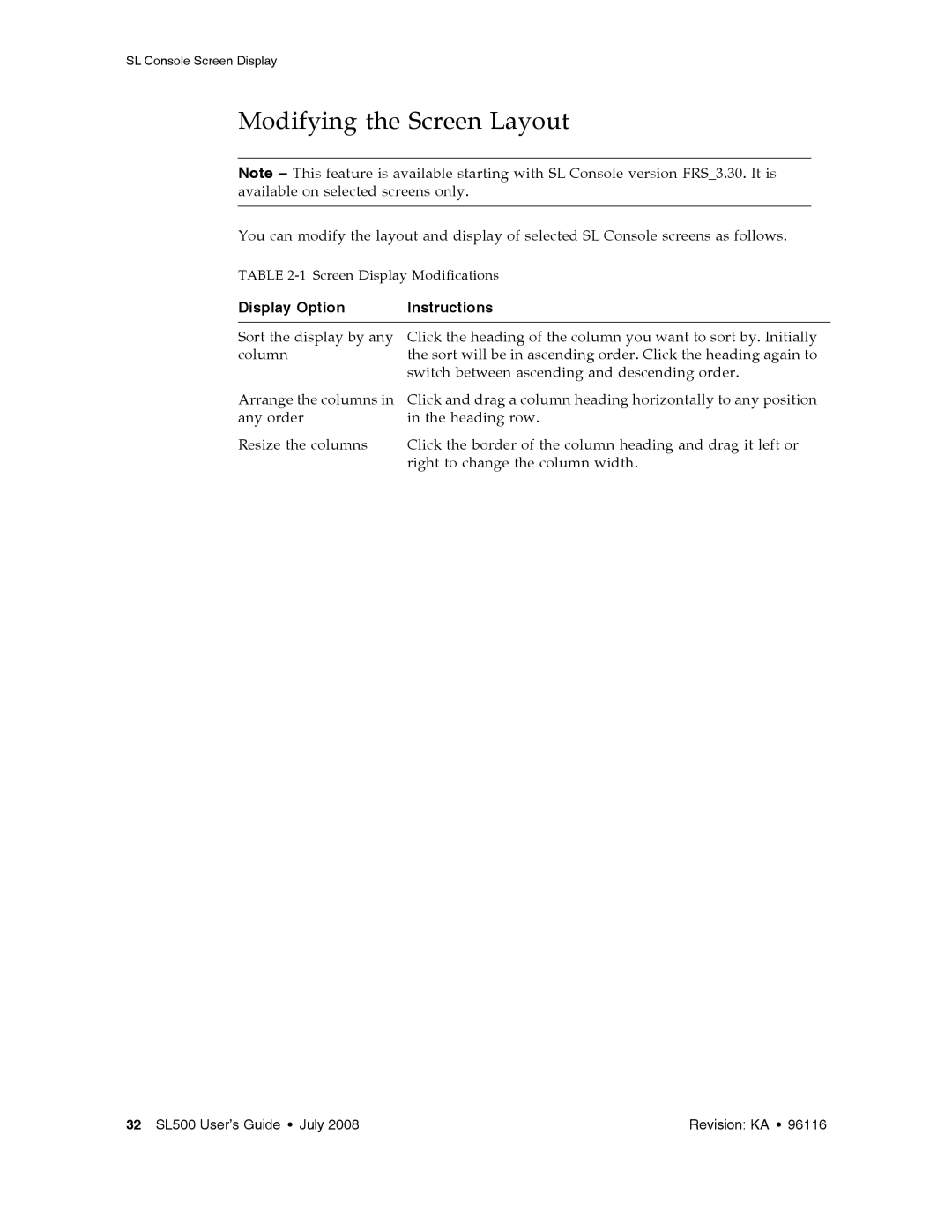 Sun Microsystems SL500 manual Modifying the Screen Layout, Display Option Instructions 