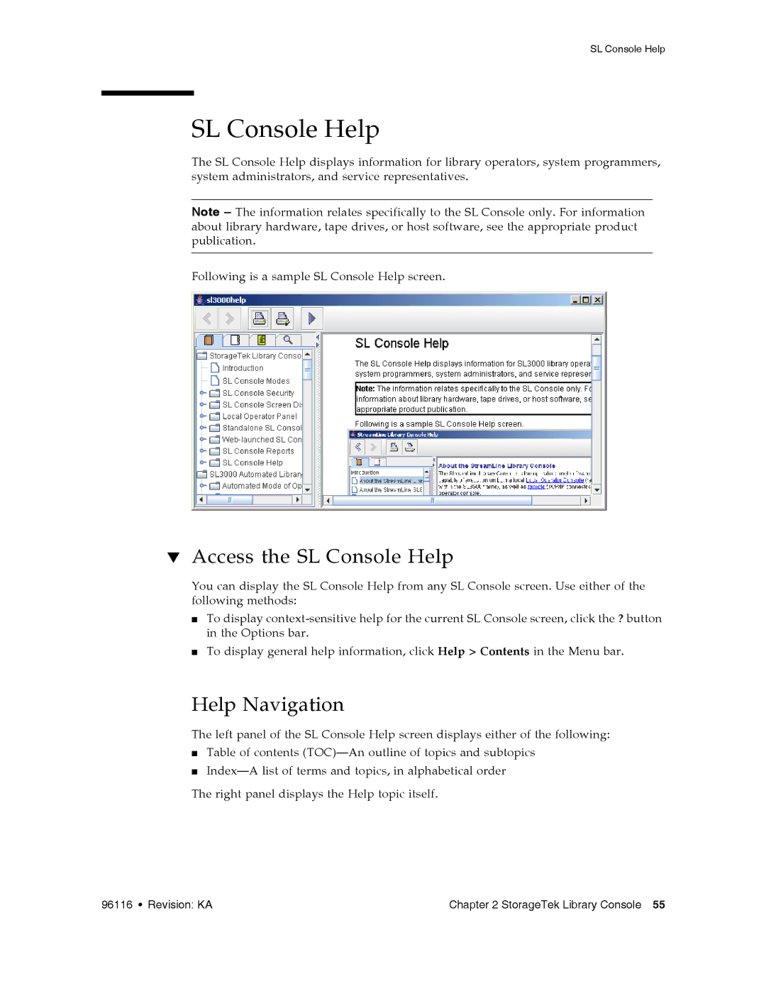 Sun Microsystems SL500 manual Access the SL Console Help, Help Navigation 