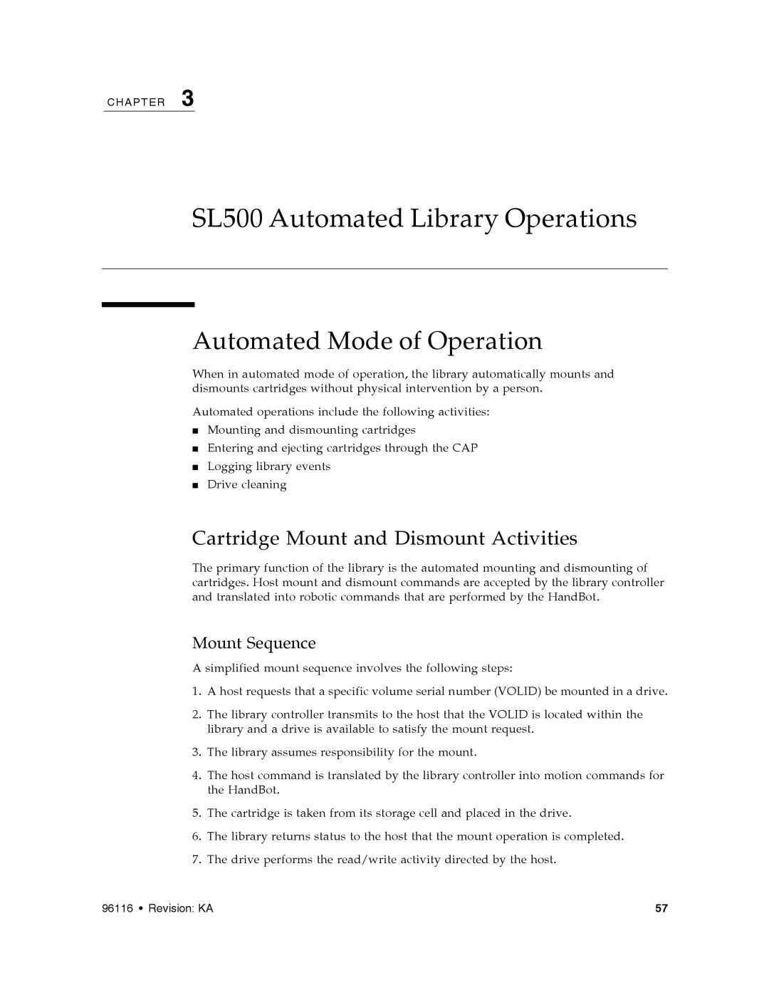 Sun Microsystems SL500 manual Automated Mode of Operation, Cartridge Mount and Dismount Activities 