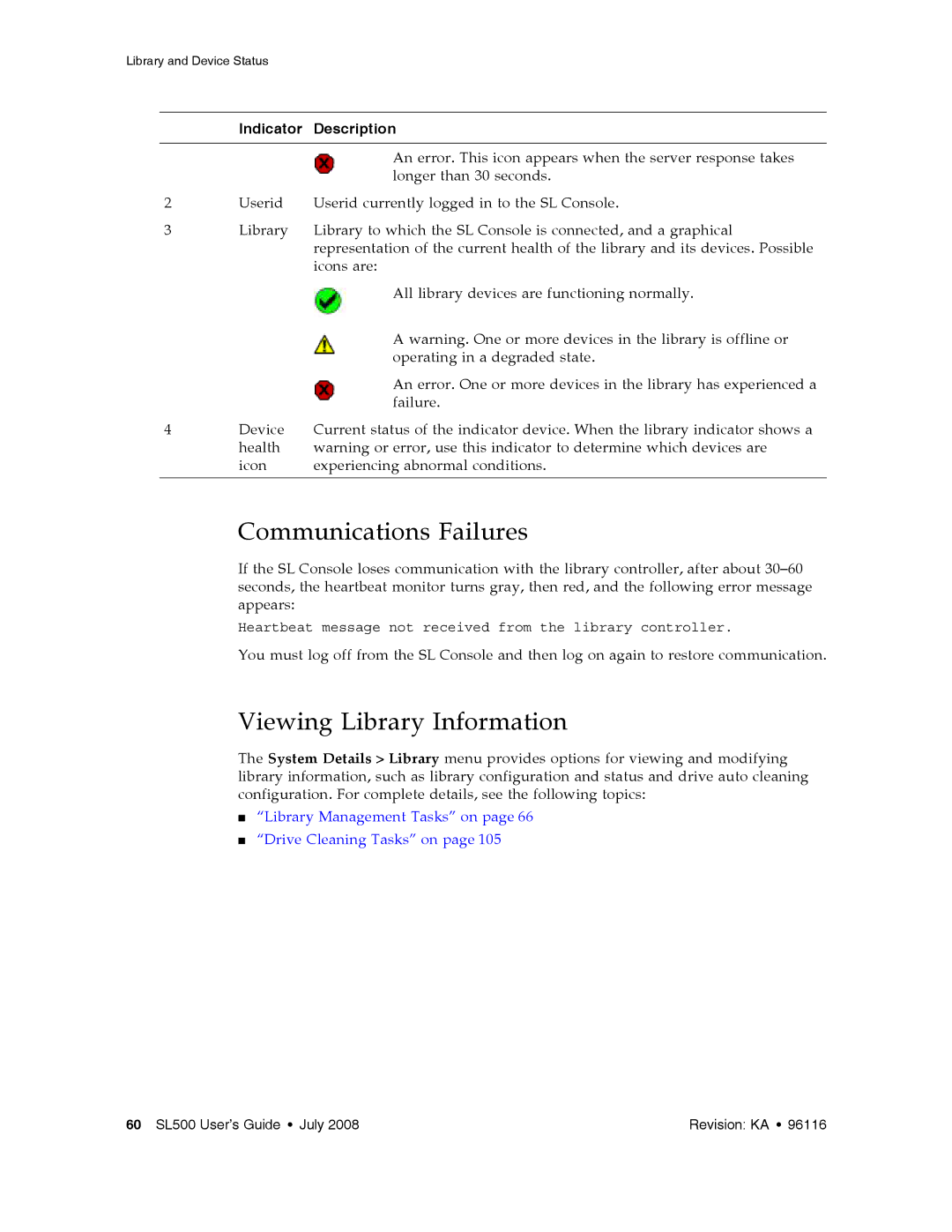 Sun Microsystems SL500 manual Communications Failures, Viewing Library Information 