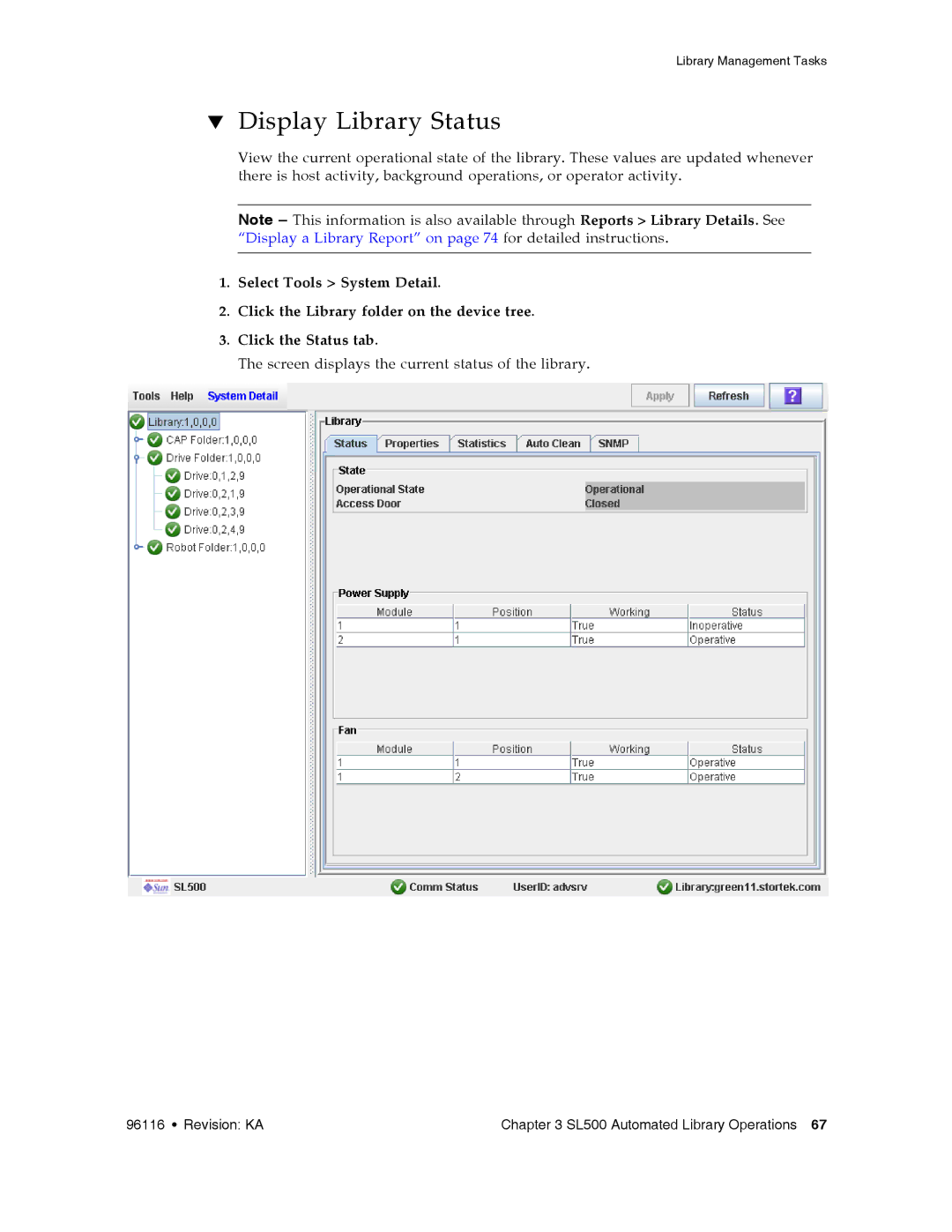 Sun Microsystems SL500 manual Display Library Status 