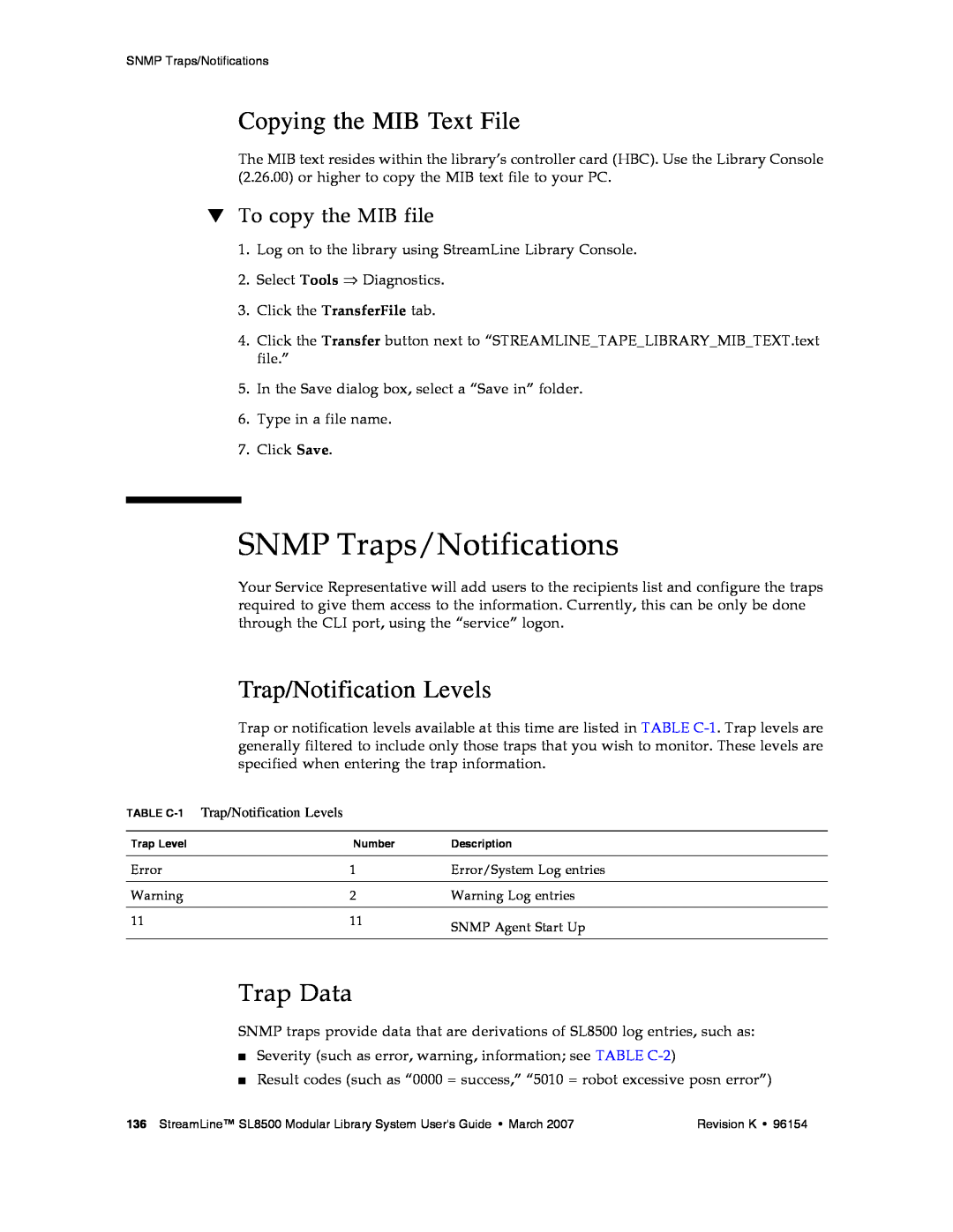 Sun Microsystems SL8500 manual SNMP Traps/Notifications, Copying the MIB Text File, Trap/Notification Levels, Trap Data 