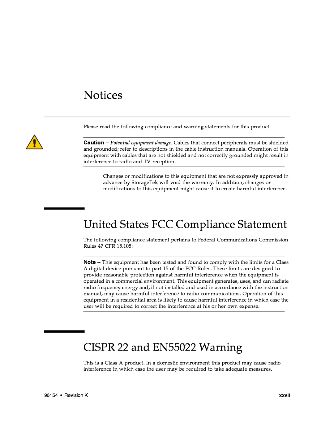 Sun Microsystems SL8500 manual Notices, United States FCC Compliance Statement, CISPR 22 and EN55022 Warning 