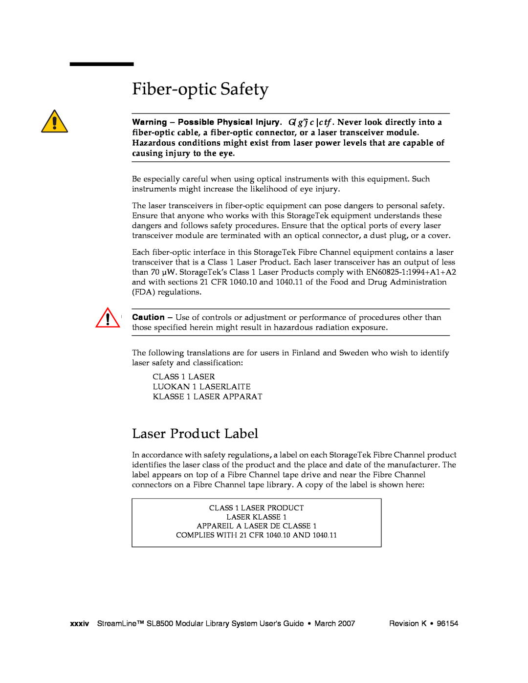 Sun Microsystems SL8500 manual Fiber-optic Safety, Laser Product Label 