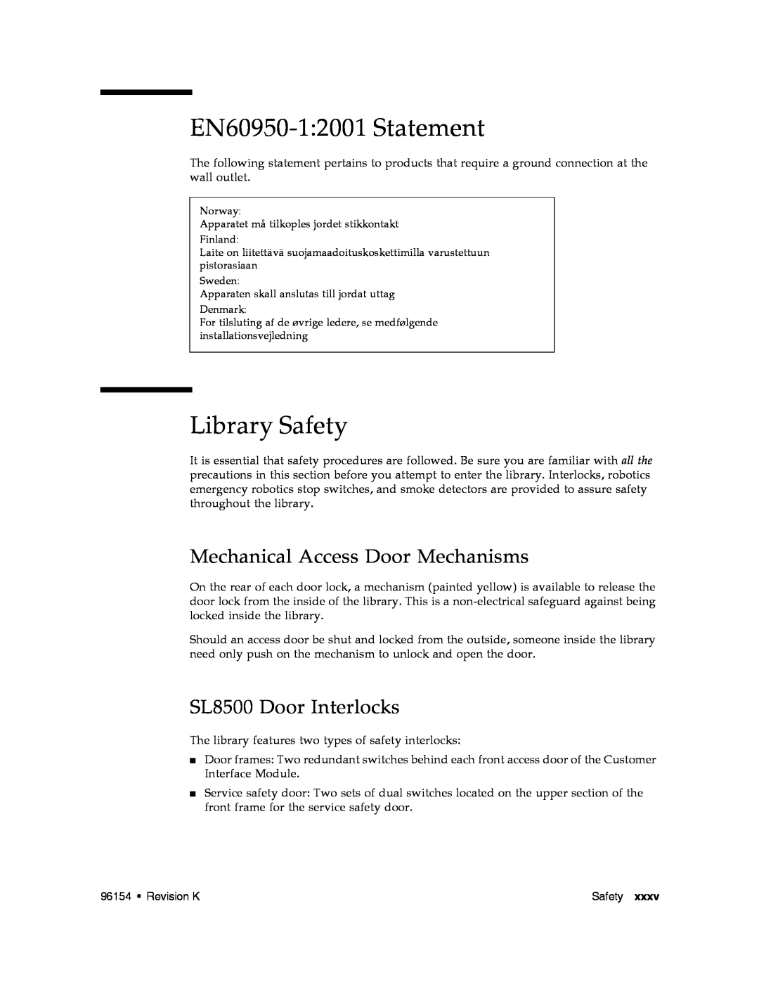 Sun Microsystems EN60950-12001 Statement, Library Safety, Mechanical Access Door Mechanisms, SL8500 Door Interlocks 