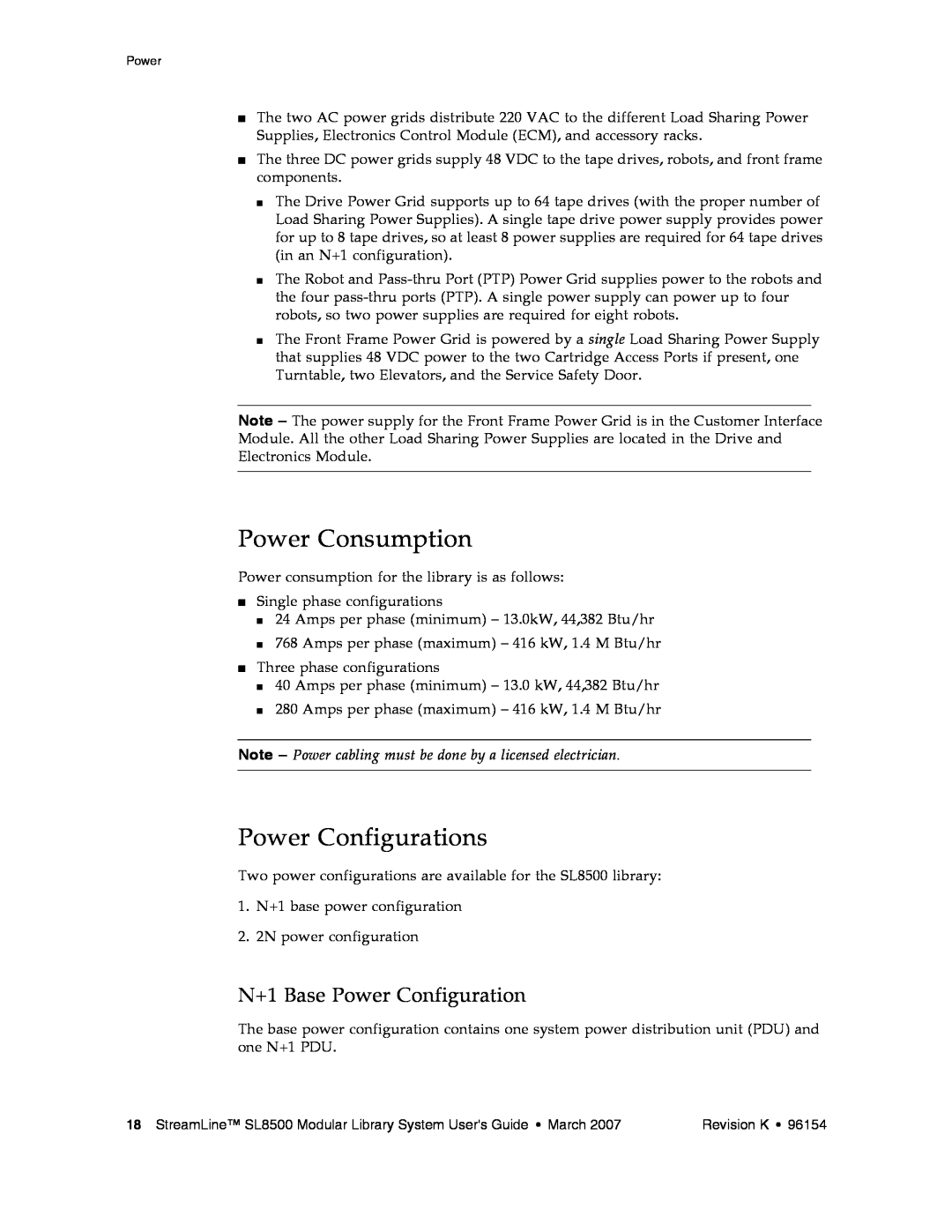 Sun Microsystems SL8500 manual Power Consumption, Power Configurations, N+1 Base Power Configuration 