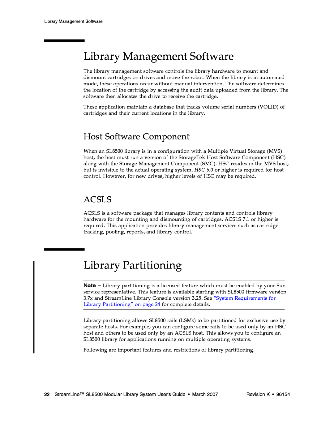 Sun Microsystems SL8500 manual Library Management Software, Library Partitioning, Host Software Component, Acsls 