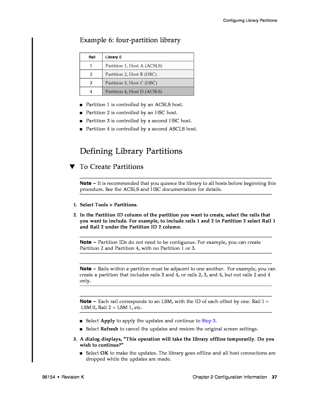 Sun Microsystems SL8500 manual Defining Library Partitions, Example 6 four-partition library, To Create Partitions 
