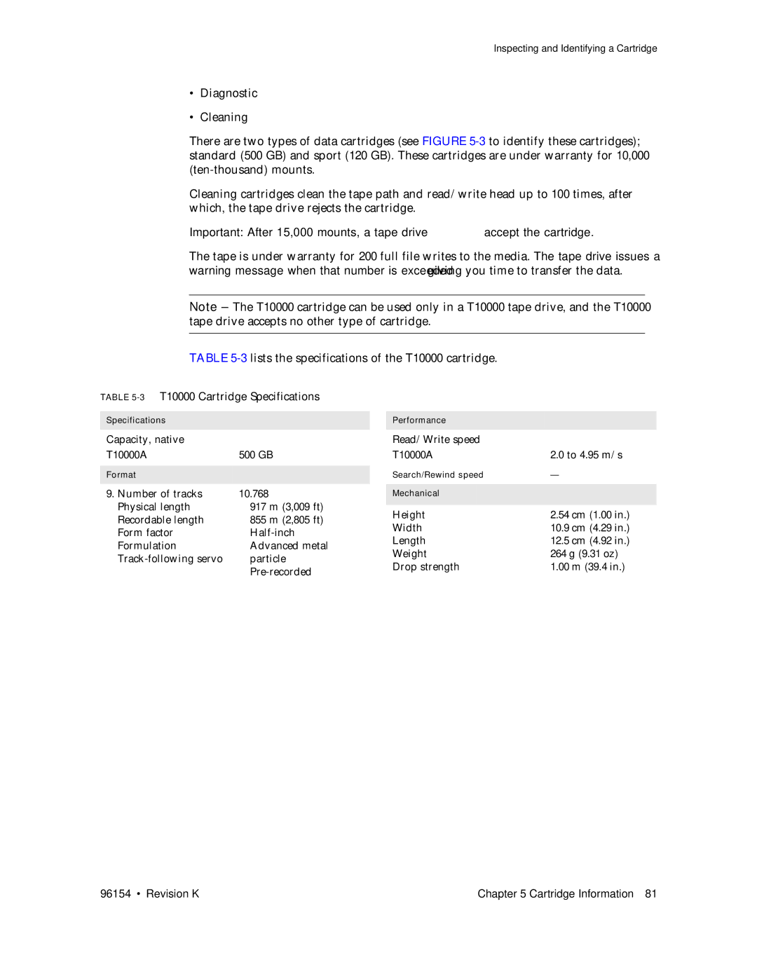 Sun Microsystems SL8500 manual 3T10000 Cartridge Specifications 