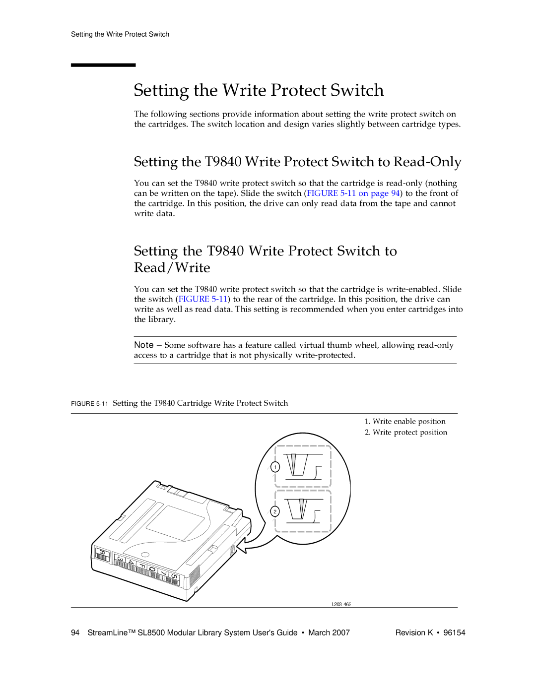 Sun Microsystems SL8500 manual Setting the Write Protect Switch, Setting the T9840 Write Protect Switch to Read-Only 