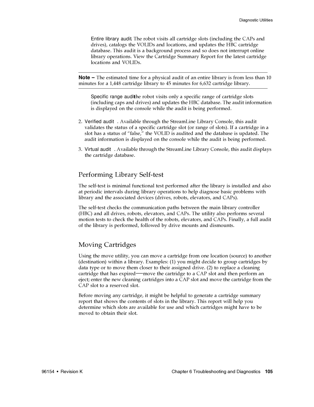 Sun Microsystems SL8500 manual Performing Library Self-test, Moving Cartridges 