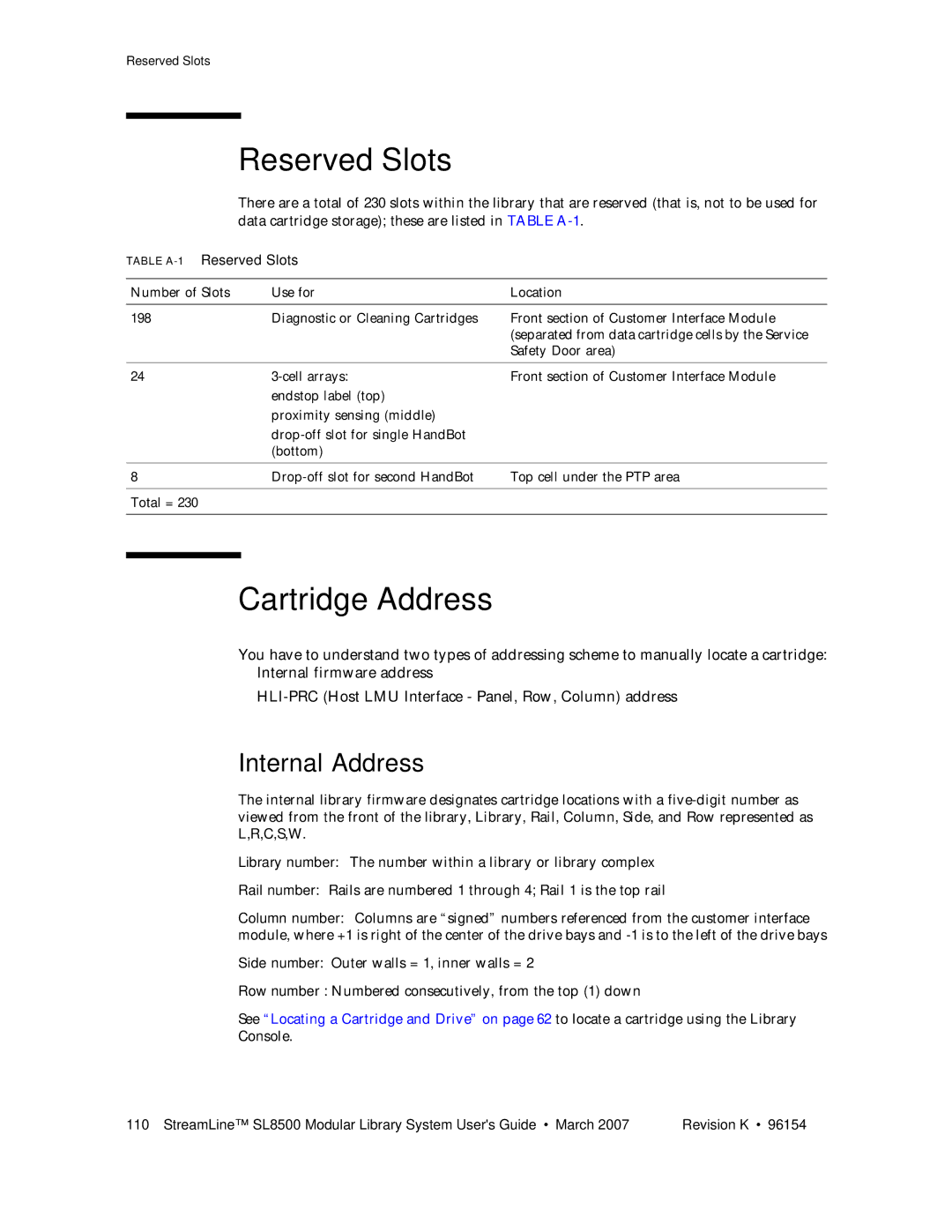 Sun Microsystems SL8500 manual Reserved Slots, Cartridge Address, Internal Address 