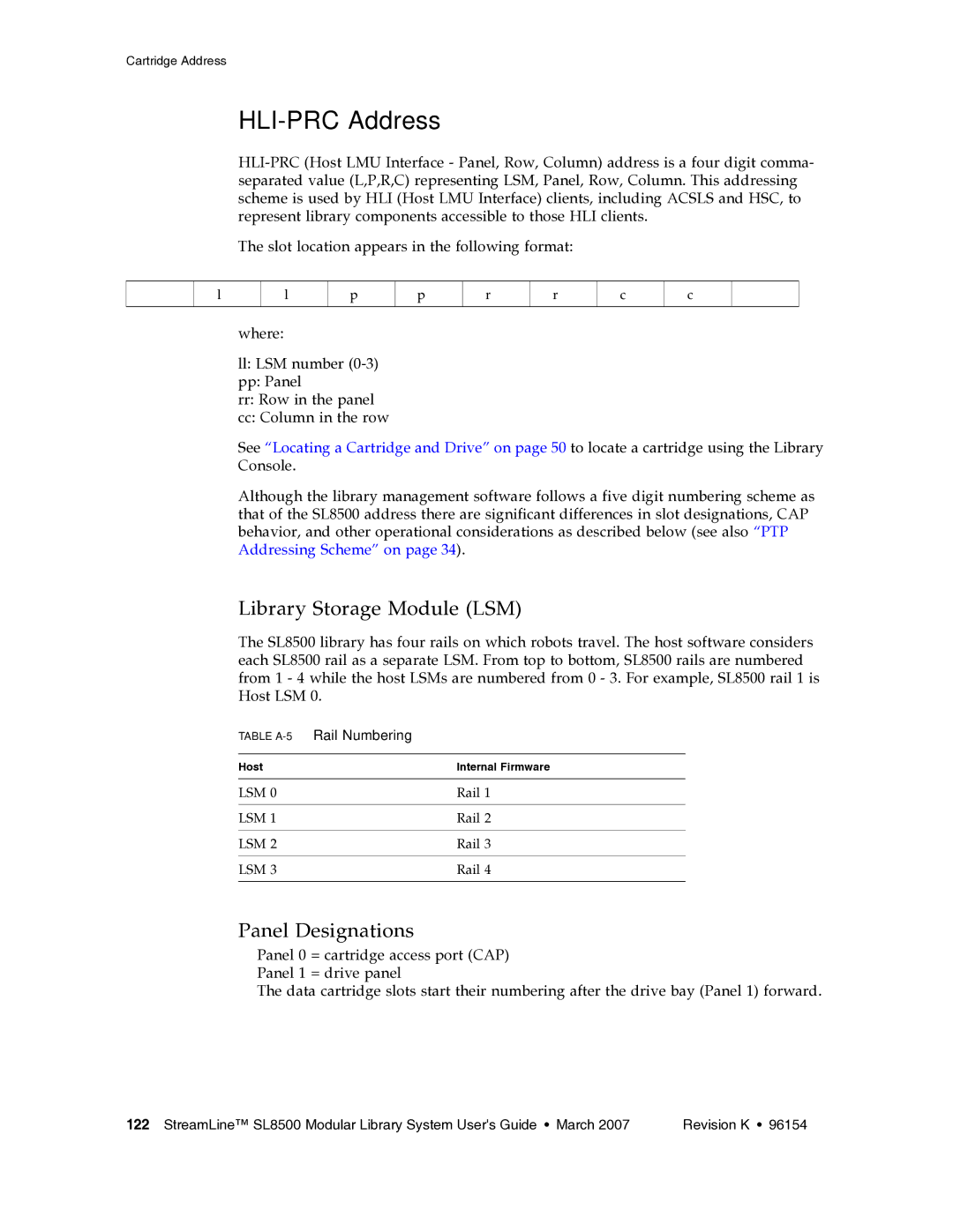 Sun Microsystems SL8500 manual HLI-PRC Address, Library Storage Module LSM, Panel Designations, Table A-5Rail Numbering 