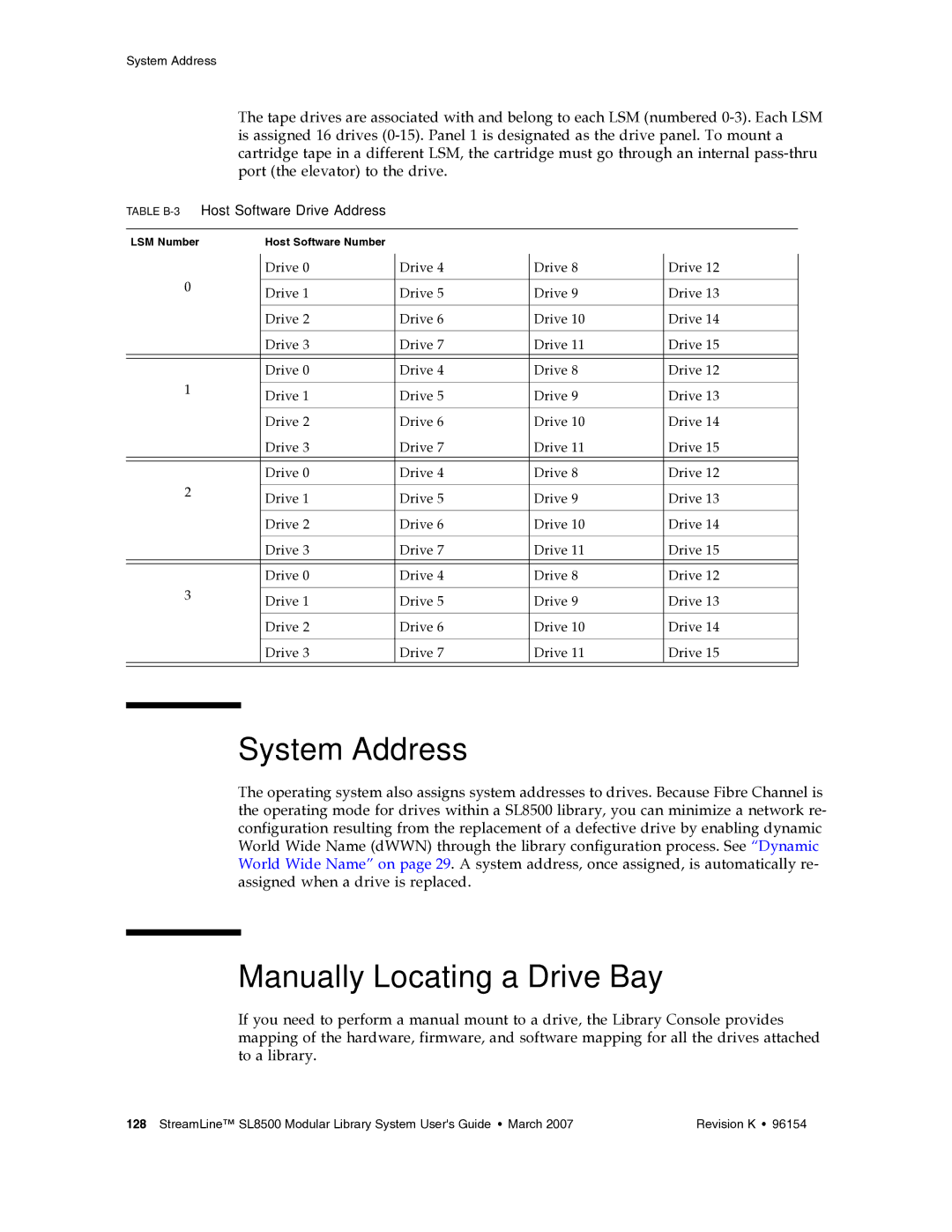 Sun Microsystems SL8500 manual System Address, Manually Locating a Drive Bay, Table B-3Host Software Drive Address 