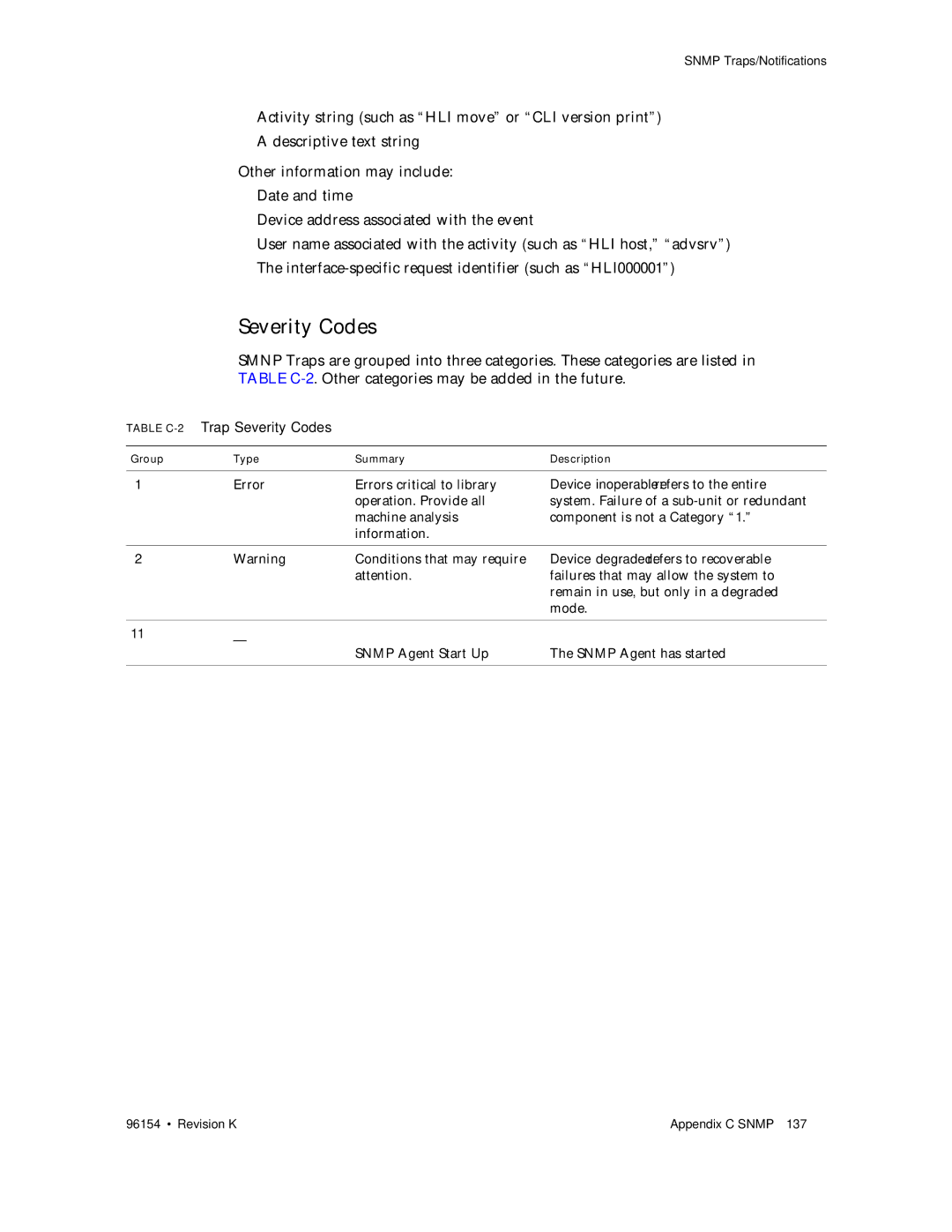 Sun Microsystems SL8500 manual Table C-2Trap Severity Codes 