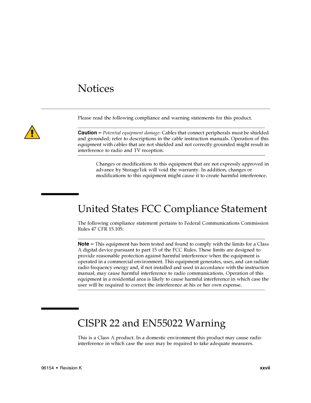 Sun Microsystems SL8500 manual United States FCC Compliance Statement, Cispr 22 and EN55022 Warning 