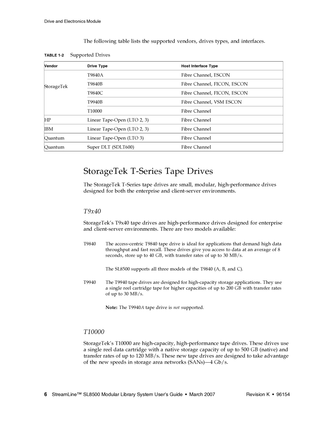 Sun Microsystems SL8500 manual StorageTek T-Series Tape Drives, 2Supported Drives 