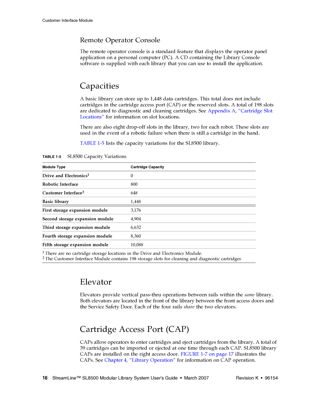 Sun Microsystems manual Elevator, Cartridge Access Port CAP, Remote Operator Console, 5SL8500 Capacity Variations 