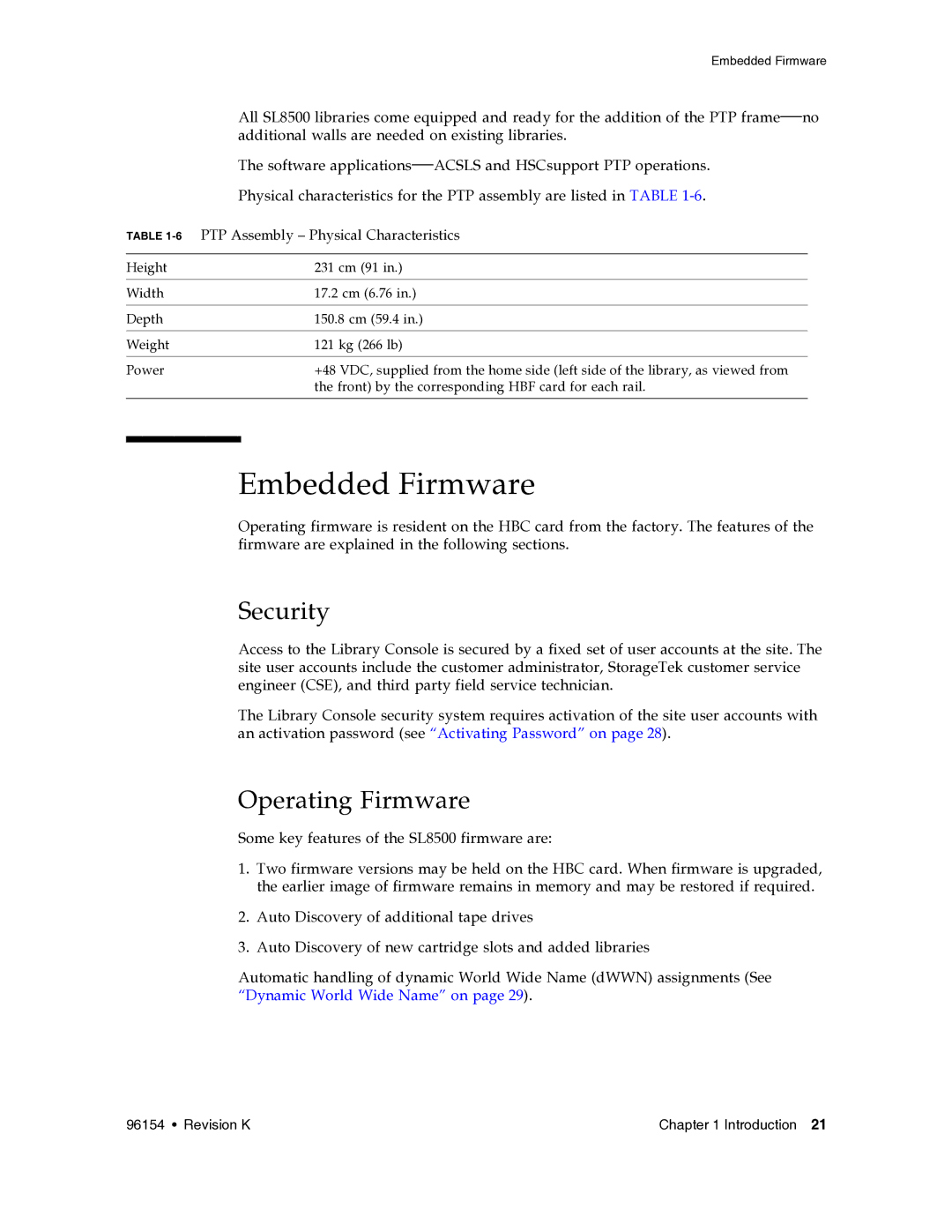 Sun Microsystems SL8500 manual Embedded Firmware, Security, Operating Firmware, PTP Assembly Physical Characteristics 