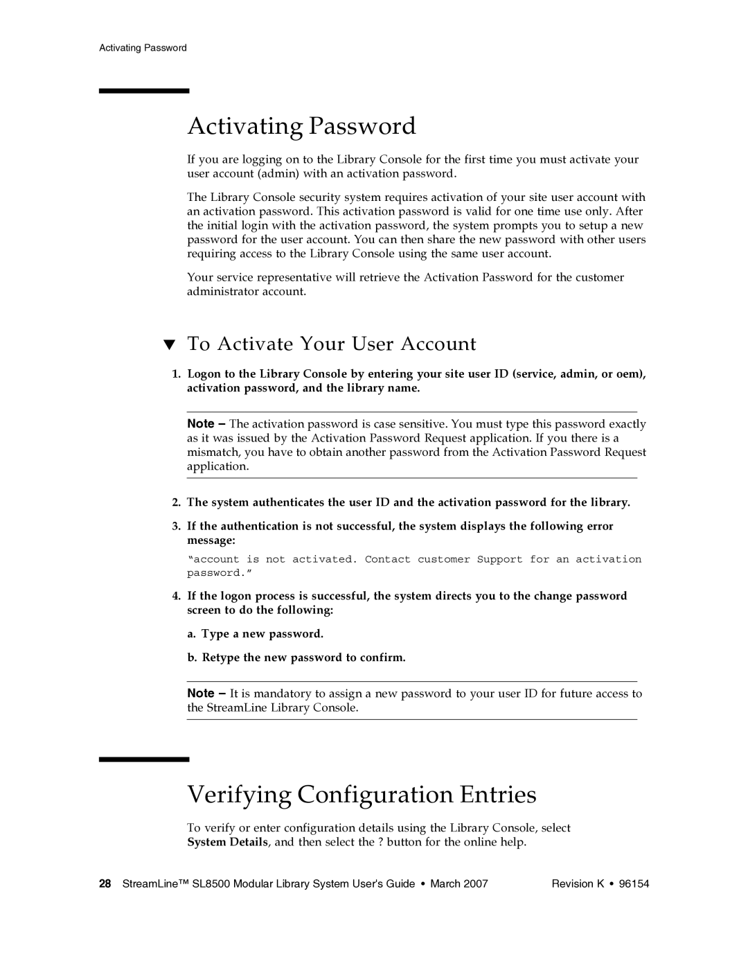 Sun Microsystems SL8500 manual Activating Password, Verifying Configuration Entries, To Activate Your User Account 