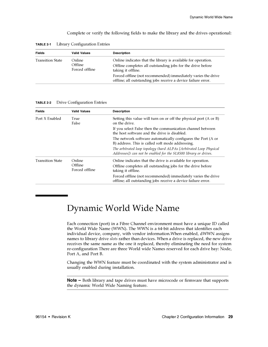 Sun Microsystems SL8500 manual Dynamic World Wide Name, 1Library Configuration Entries, 2Drive Configuration Entries 