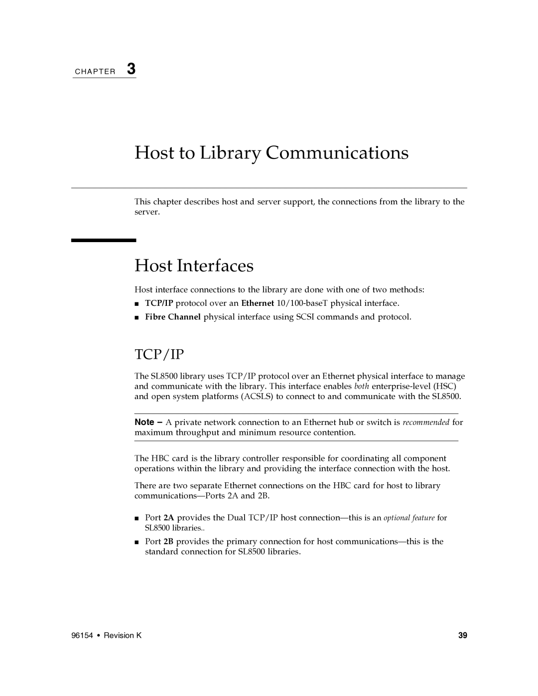 Sun Microsystems SL8500 manual Host to Library Communications, Host Interfaces 