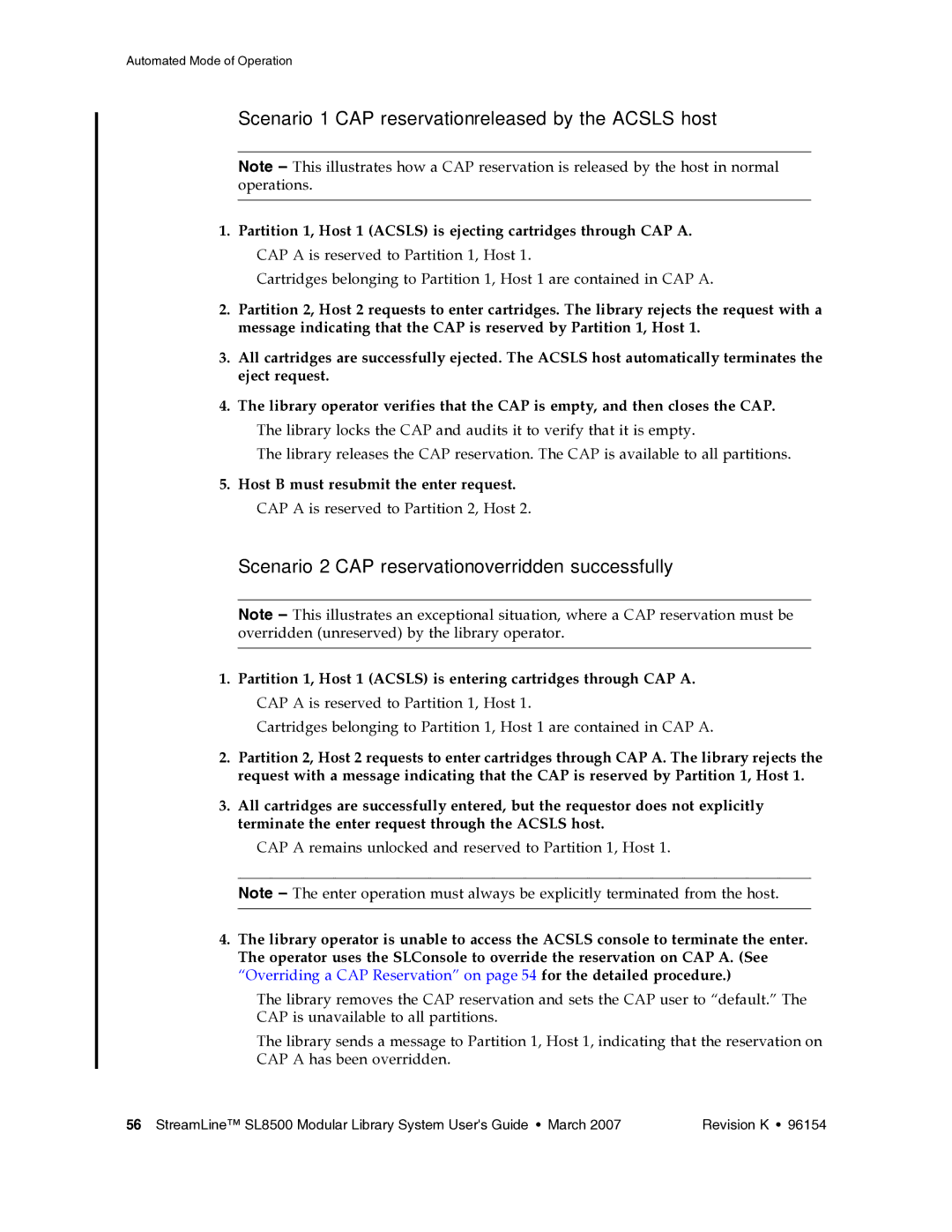 Sun Microsystems SL8500 manual Scenario 1-CAP reservation released by the Acsls host 