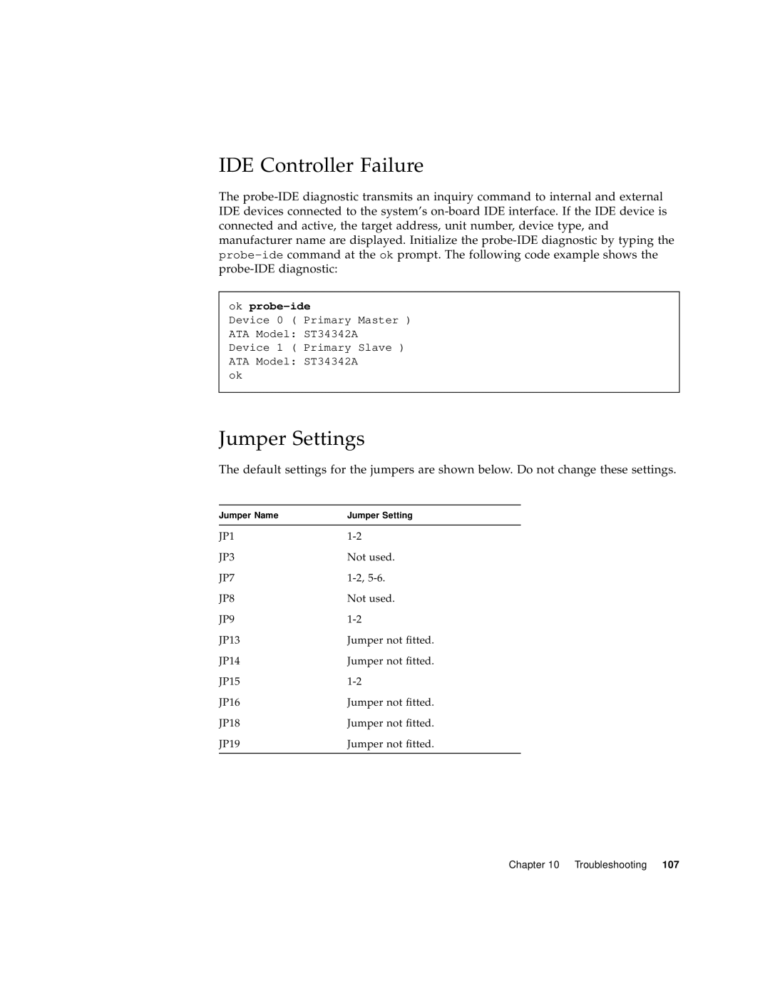 Sun Microsystems Sun Fire V100 manual IDE Controller Failure, Jumper Settings, ok probe-ide 