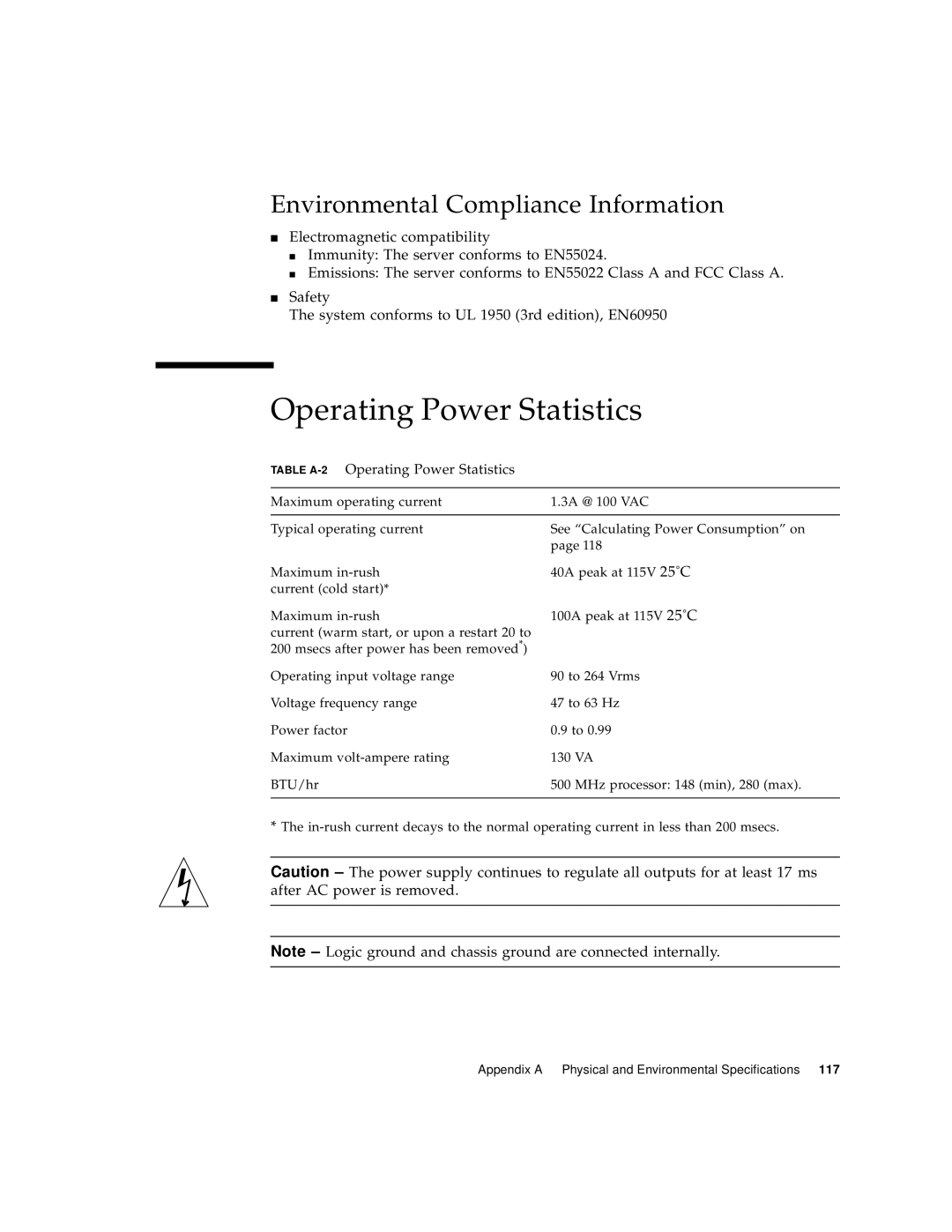 Sun Microsystems Sun Fire V100 manual Operating Power Statistics, Environmental Compliance Information 
