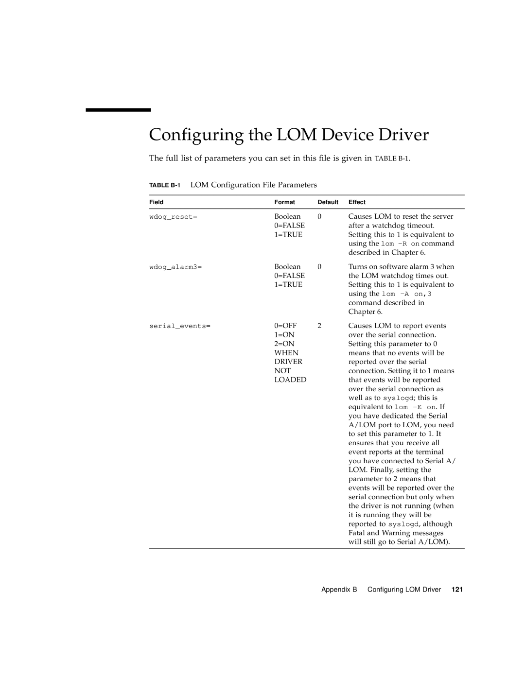 Sun Microsystems Sun Fire V100 manual Configuring the LOM Device Driver, TABLE B-1 LOM Configuration File Parameters 