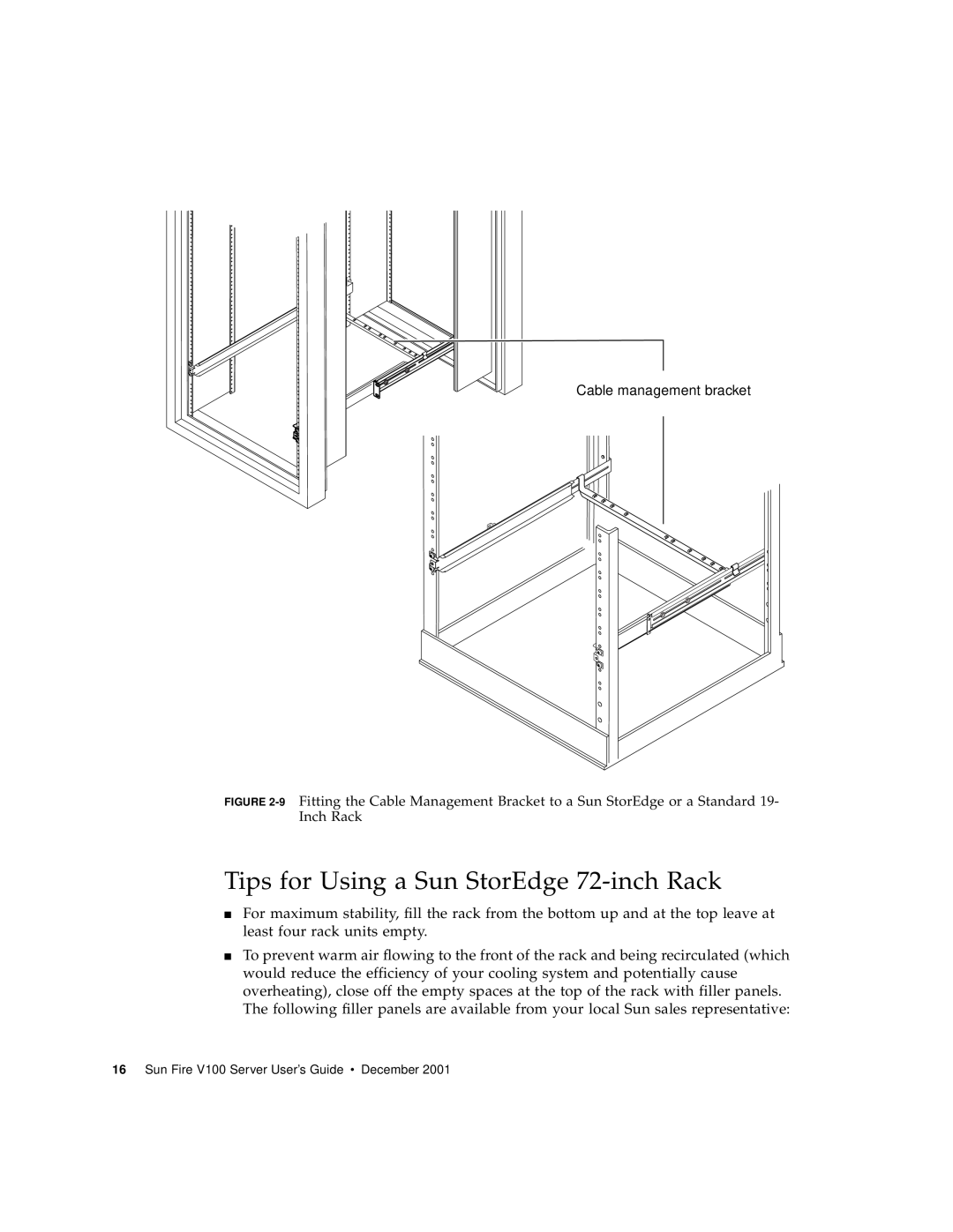 Sun Microsystems Sun Fire V100 manual Tips for Using a Sun StorEdge 72-inch Rack, Cable management bracket 